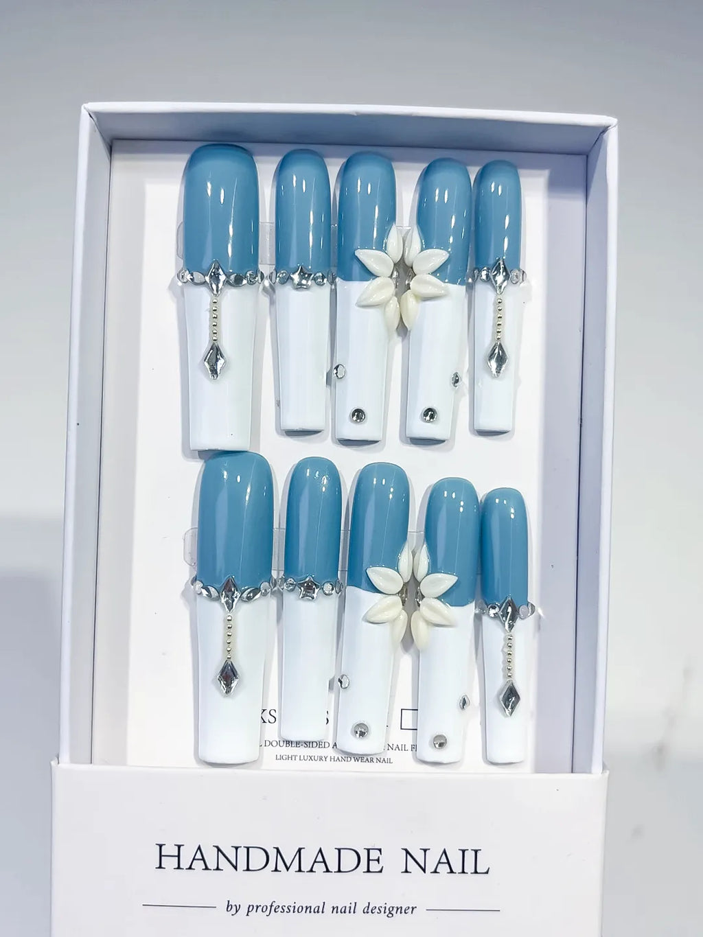 JSA04 - Long Blue White Square French tip Flower Chain