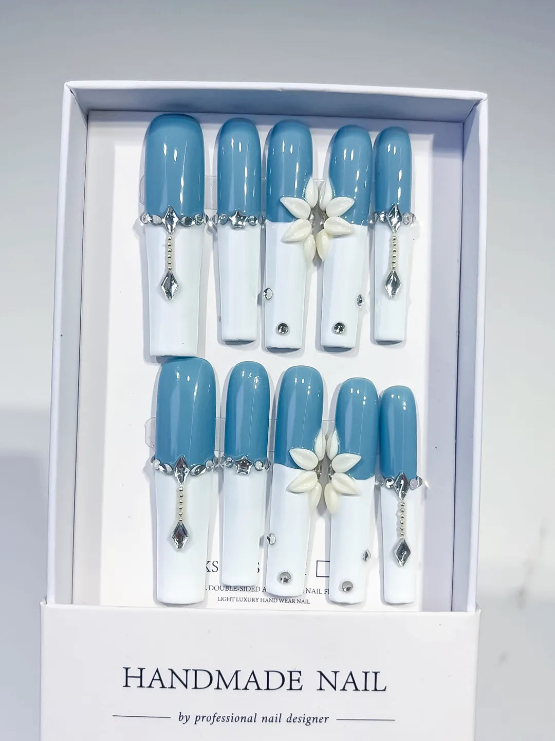 JSA04 - Long Blue White Square French tip Flower Chain