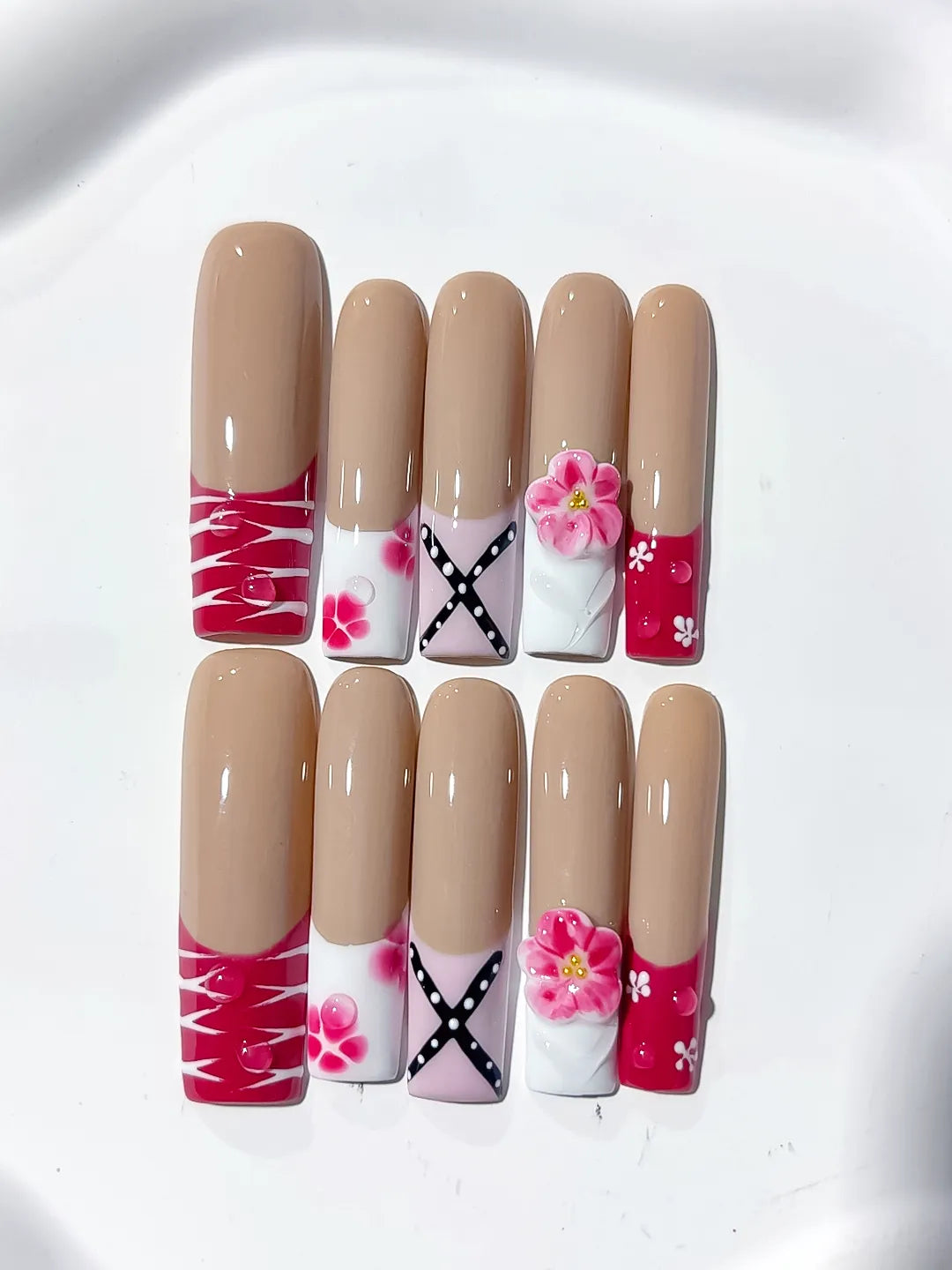 JSA05 - Long Nude Red Square Abstract Flower Ribbon