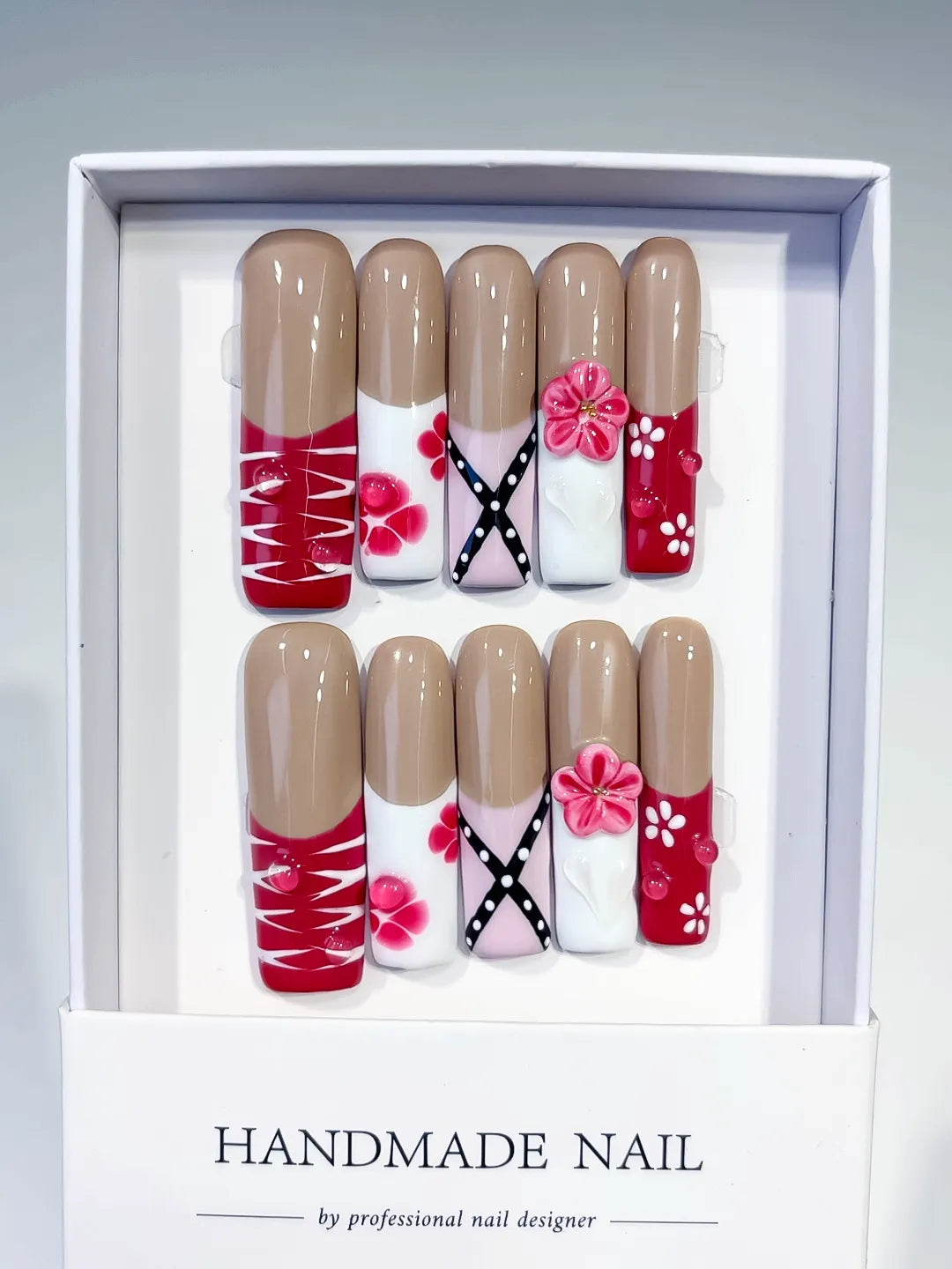 JSA05 - Long Nude Red Square Abstract Flower Ribbon
