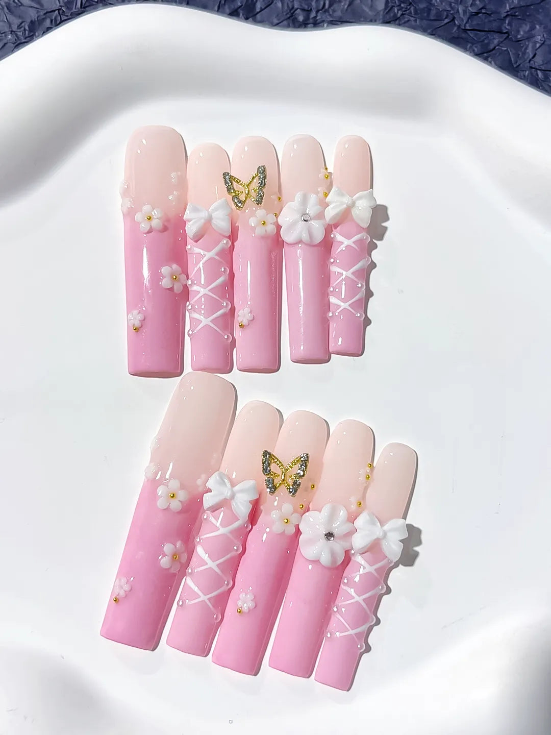 JSA08 - Long Pink White Square Ombre Butterfly Bow