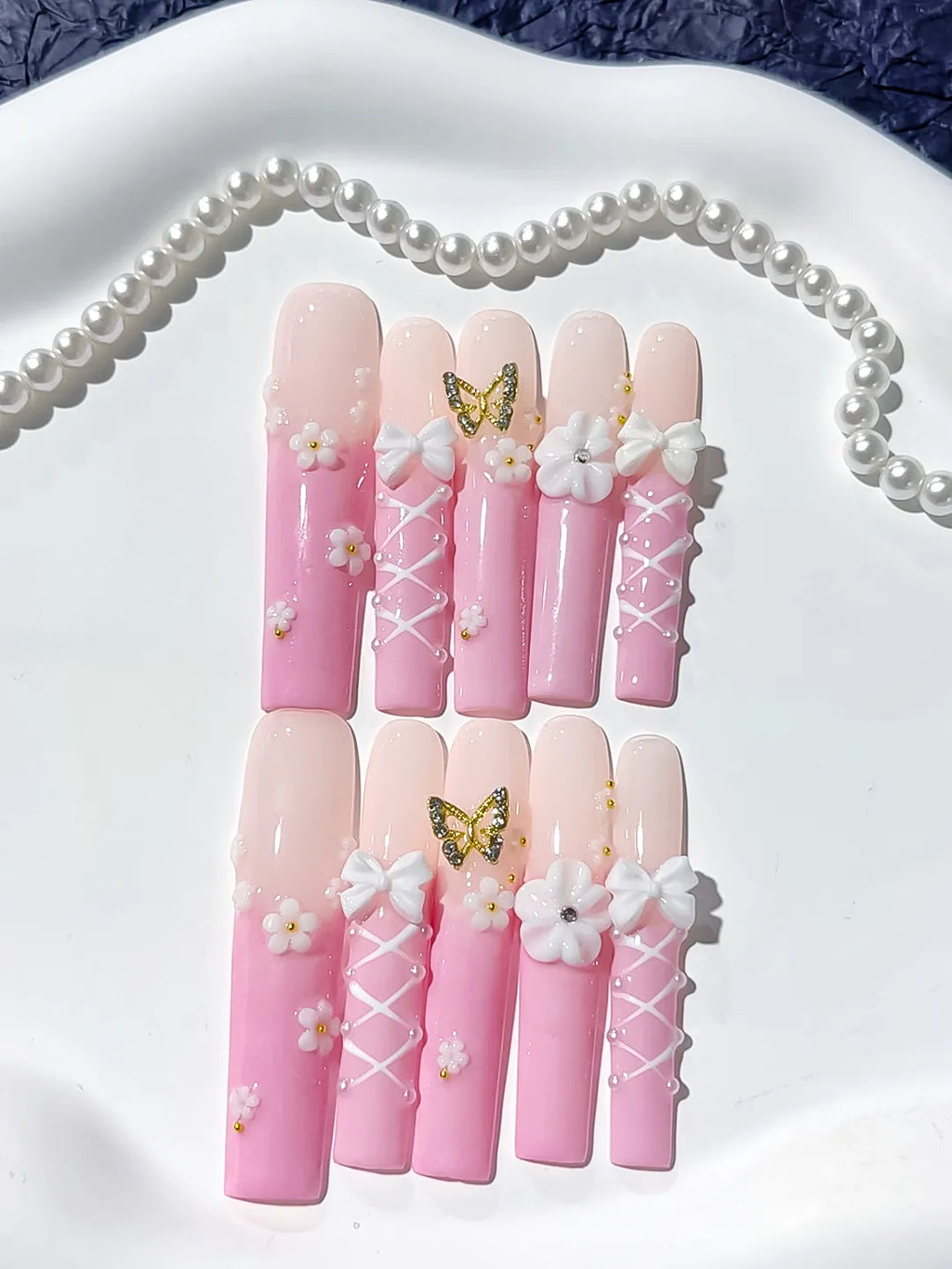 JSA08 - Long Pink White Square Ombre Butterfly Bow