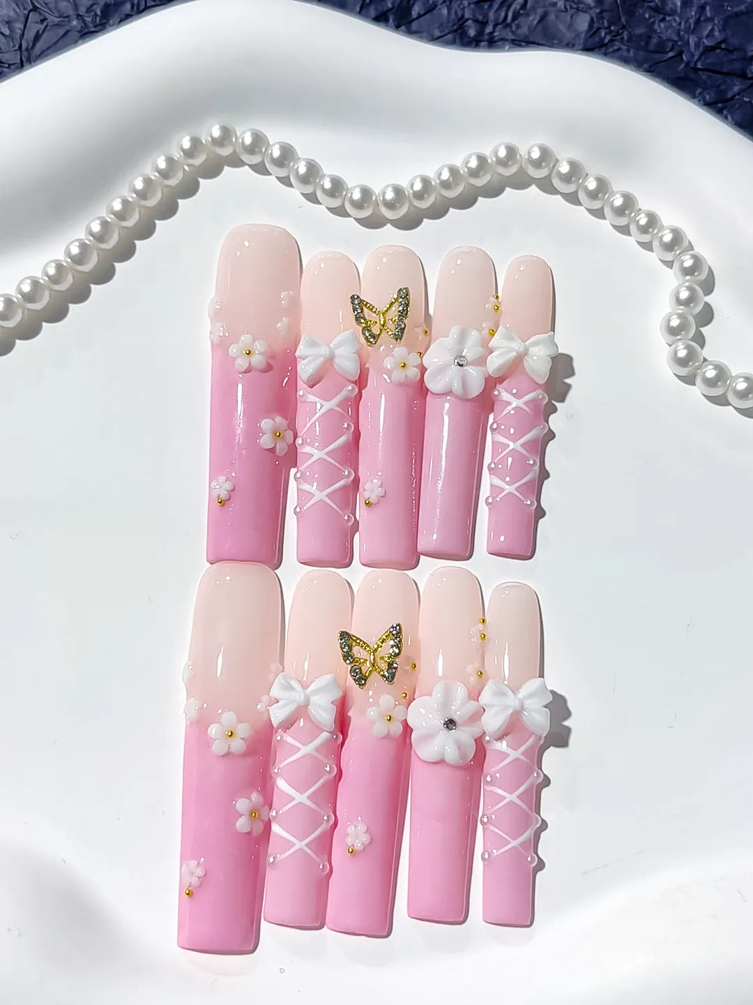 JSA08 - Long Pink White Square Ombre Butterfly Bow