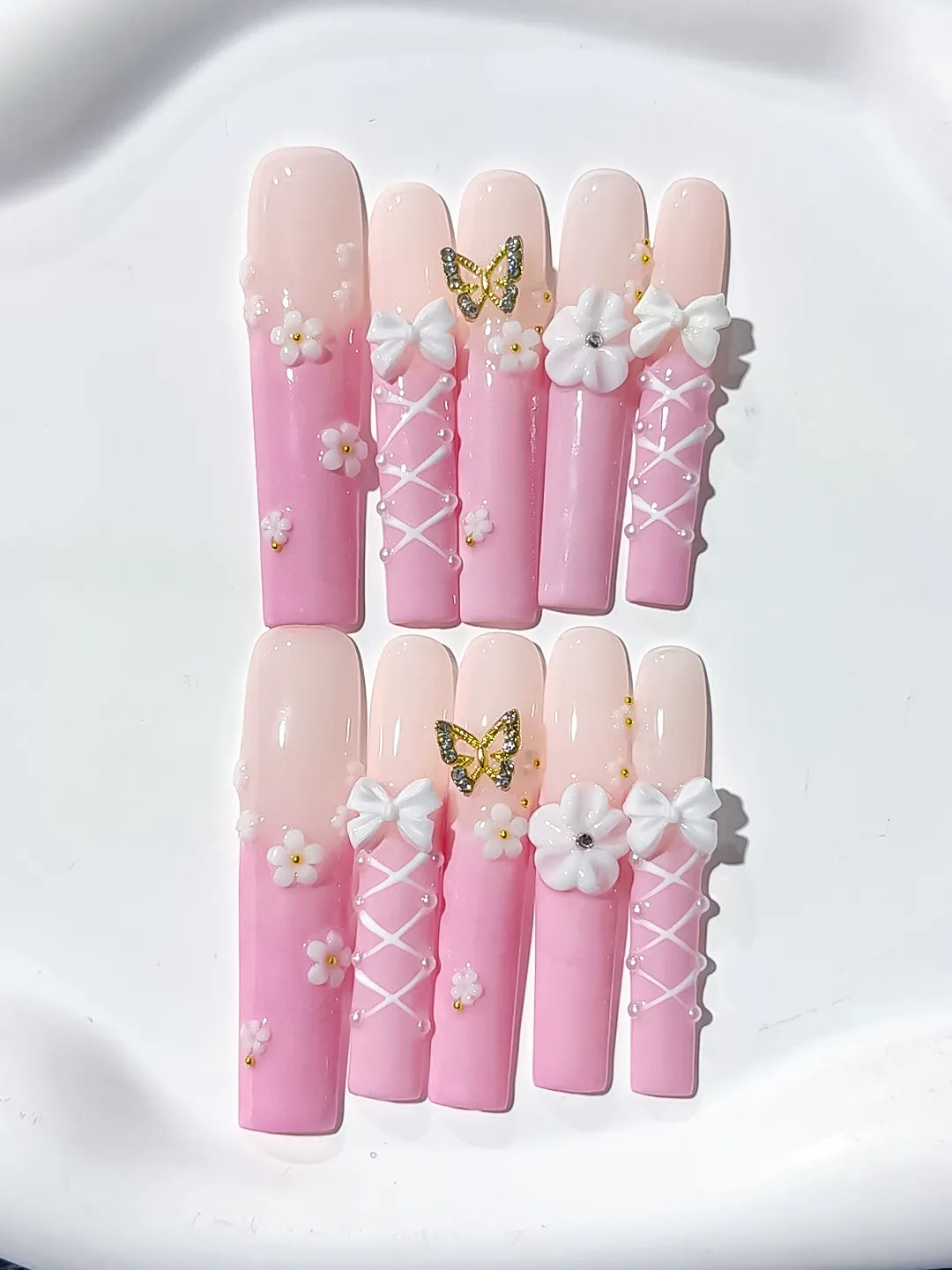 JSA08 - Long Pink White Square Ombre Butterfly Bow