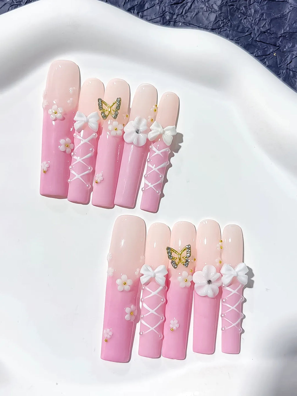 JSA08 - Long Pink White Square Ombre Butterfly Bow
