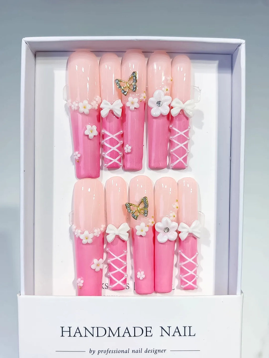 JSA08 - Long Pink White Square Ombre Butterfly Bow