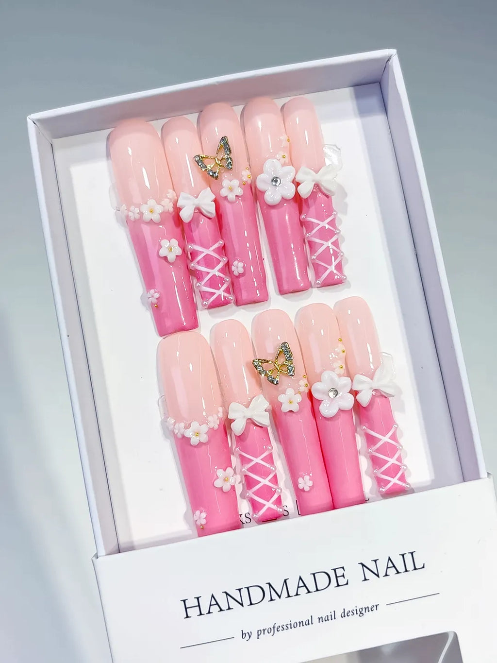 JSA08 - Long Pink White Square Ombre Butterfly Bow
