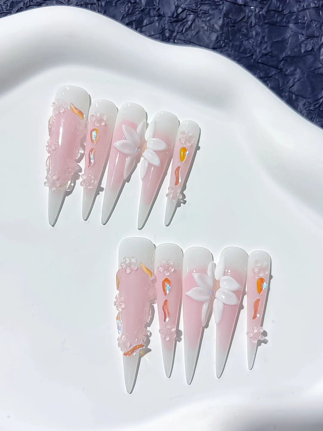 JSA12 - Long Pink White Stiletto Ombre Flower 3D