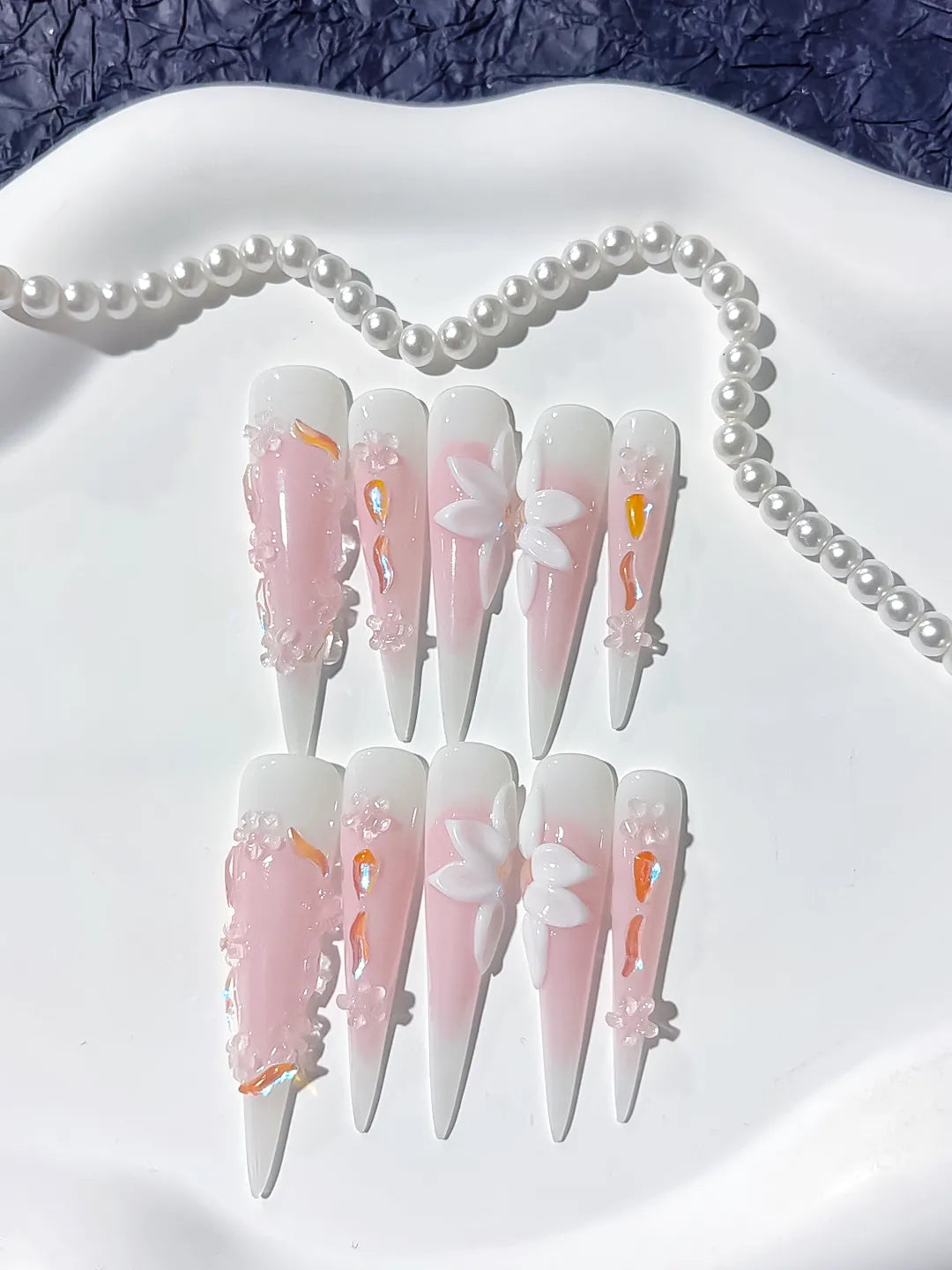JSA12 - Long Pink White Stiletto Ombre Flower 3D