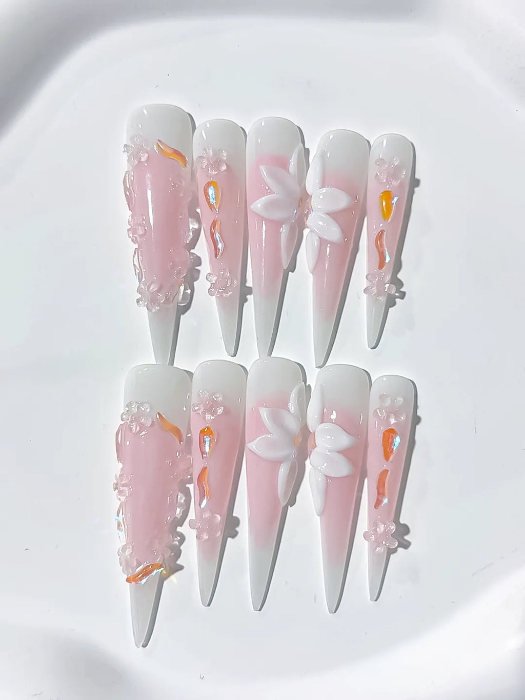 JSA12 - Long Pink White Stiletto Ombre Flower 3D