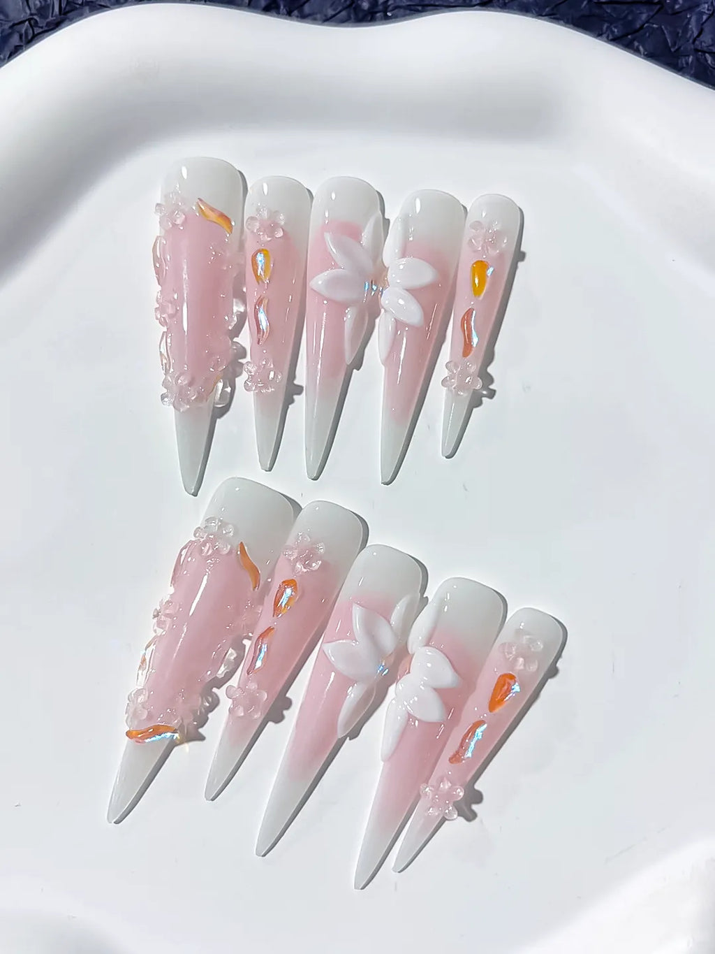 JSA12 - Long Pink White Stiletto Ombre Flower 3D