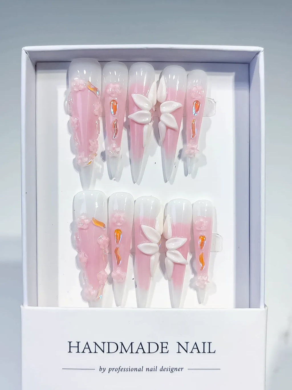 JSA12 - Long Pink White Stiletto Ombre Flower 3D