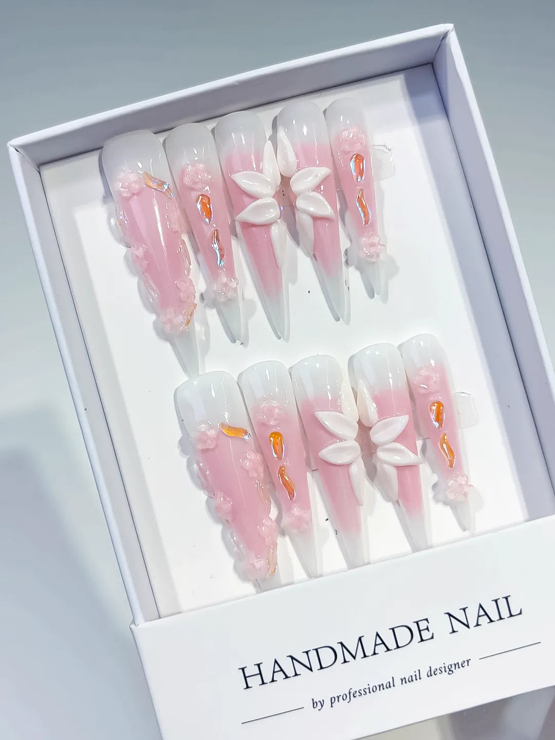 JSA12 - Long Pink White Stiletto Ombre Flower 3D