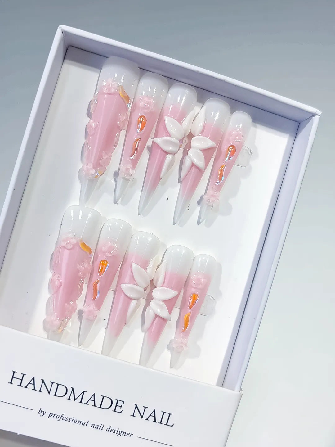 JSA12 - Long Pink White Stiletto Ombre Flower 3D