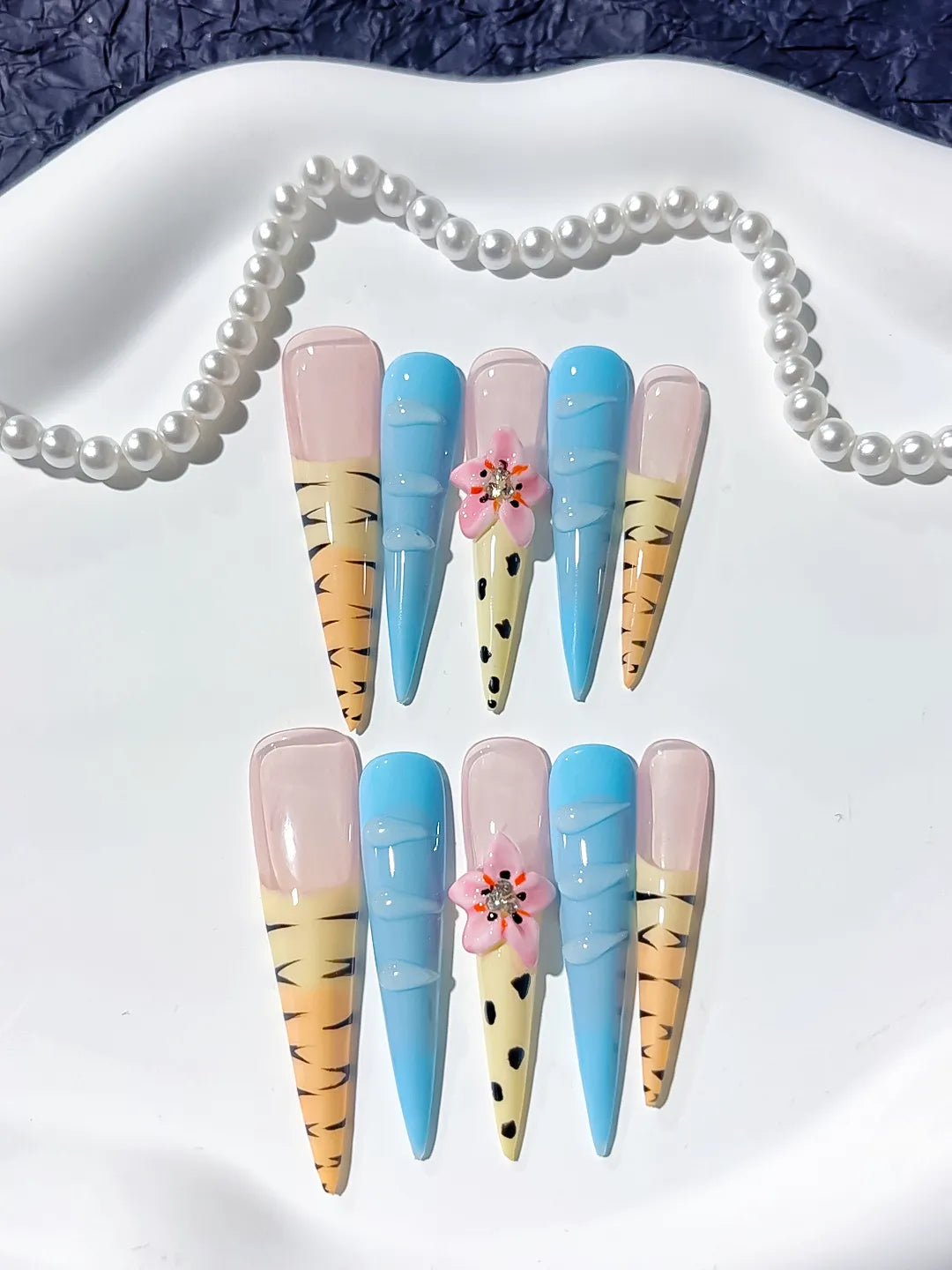 JSA13 - Long Nude Blue Stiletto Abstract Flower Animal Print