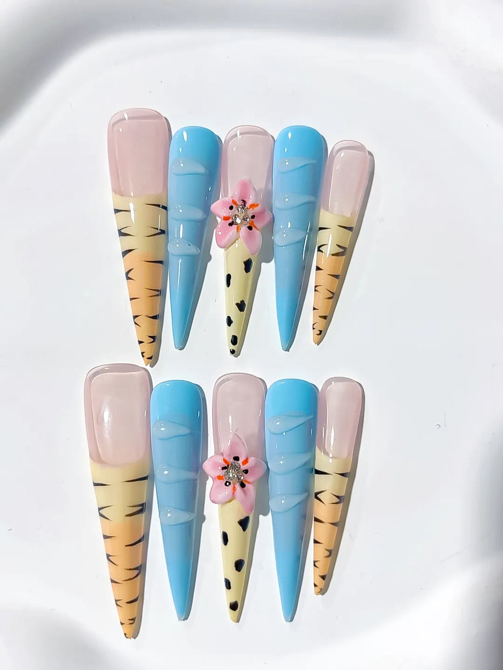 JSA13 - Long Nude Blue Stiletto Abstract Flower Animal Print