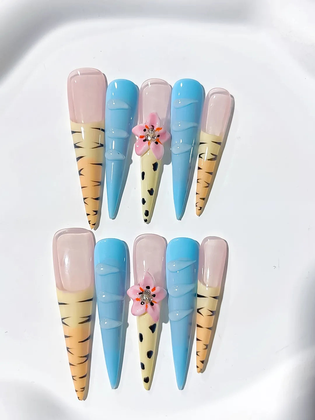 JSA13 - Long Nude Blue Stiletto Abstract Flower Animal Print