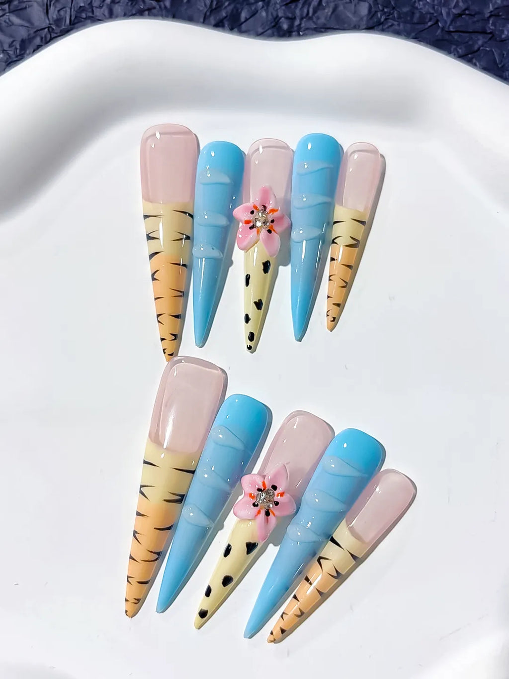 JSA13 - Long Nude Blue Stiletto Abstract Flower Animal Print