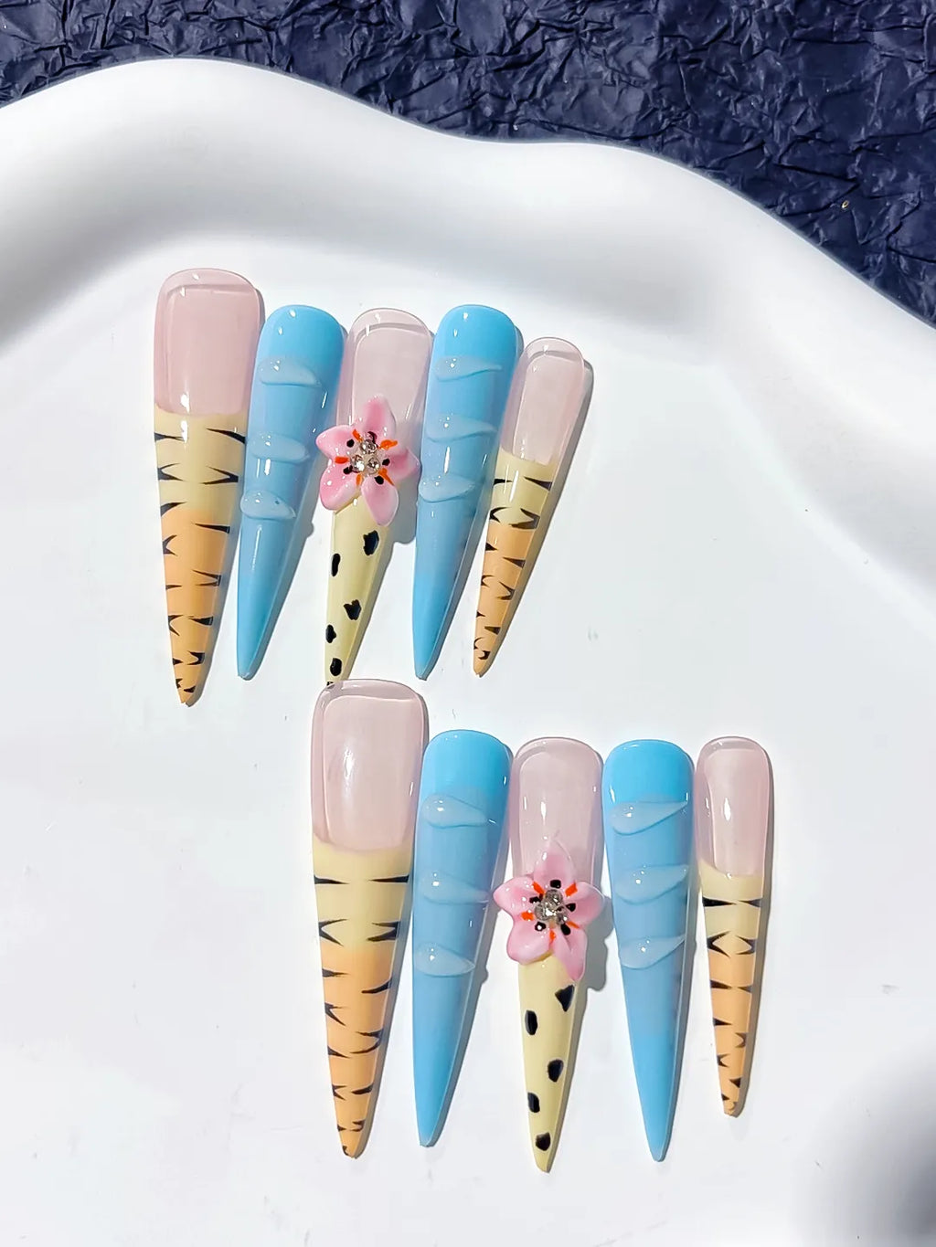 JSA13 - Long Nude Blue Stiletto Abstract Flower Animal Print