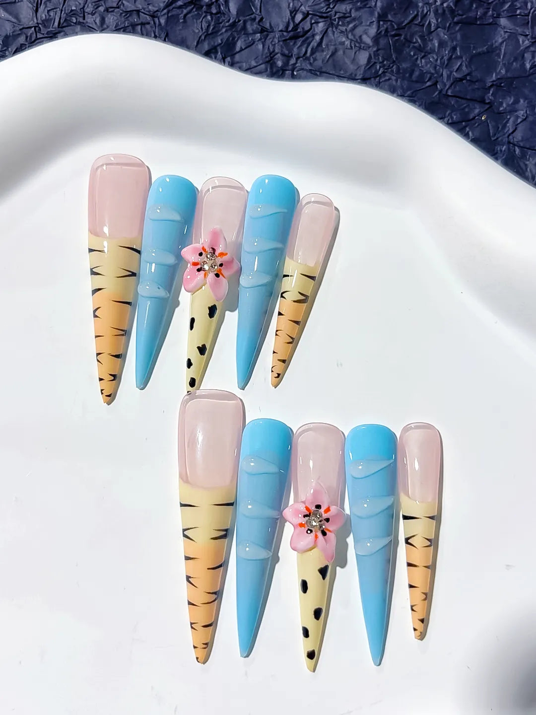 JSA13 - Long Nude Blue Stiletto Abstract Flower Animal Print