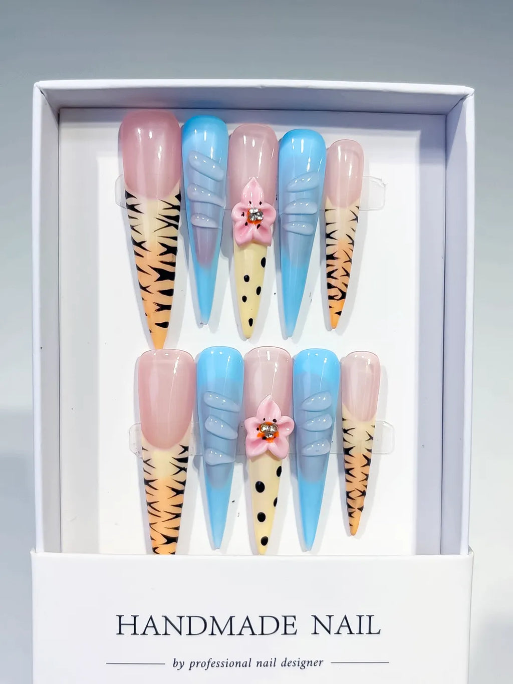 JSA13 - Long Nude Blue Stiletto Abstract Flower Animal Print