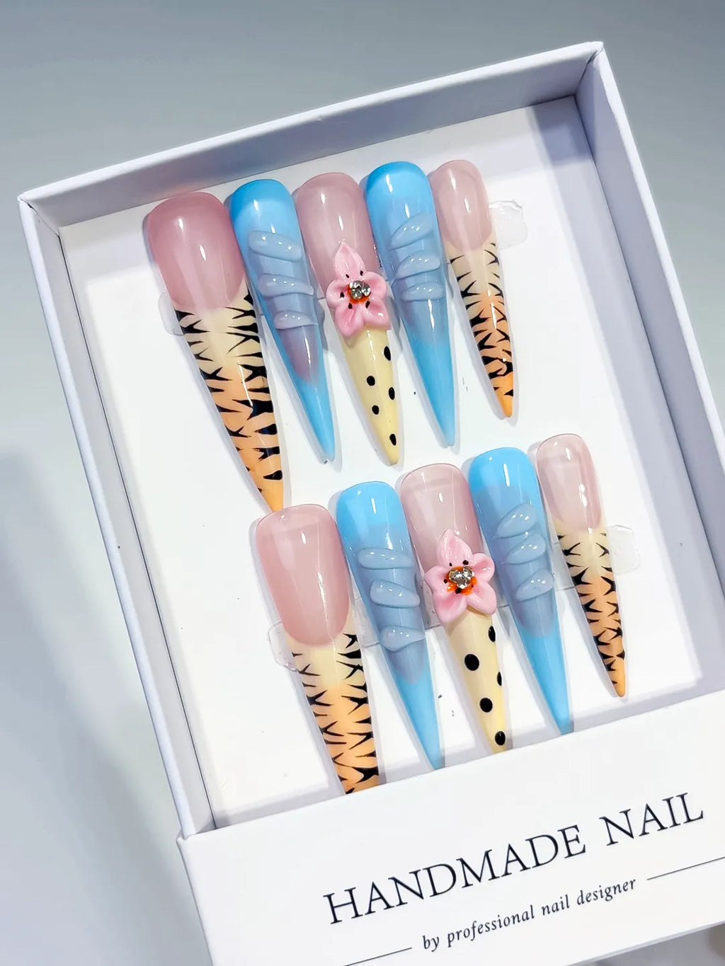 JSA13 - Long Nude Blue Stiletto Abstract Flower Animal Print