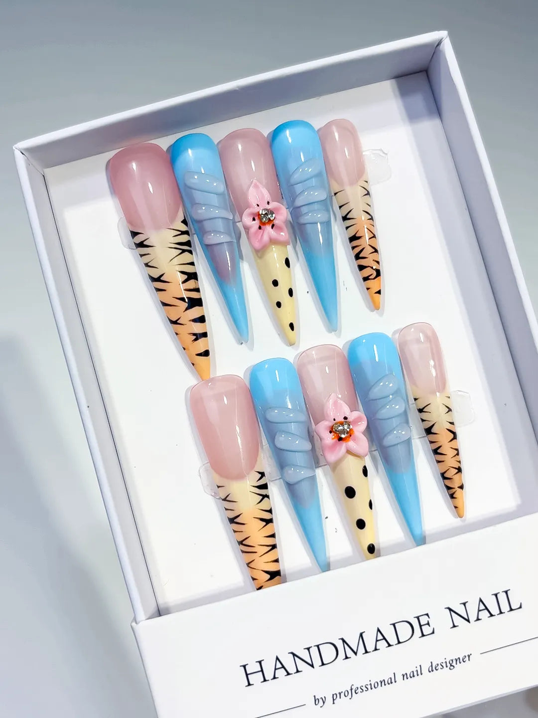 JSA13 - Long Nude Blue Stiletto Abstract Flower Animal Print