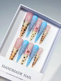 JSA13 - Long Nude Blue Stiletto Abstract Flower Animal Print