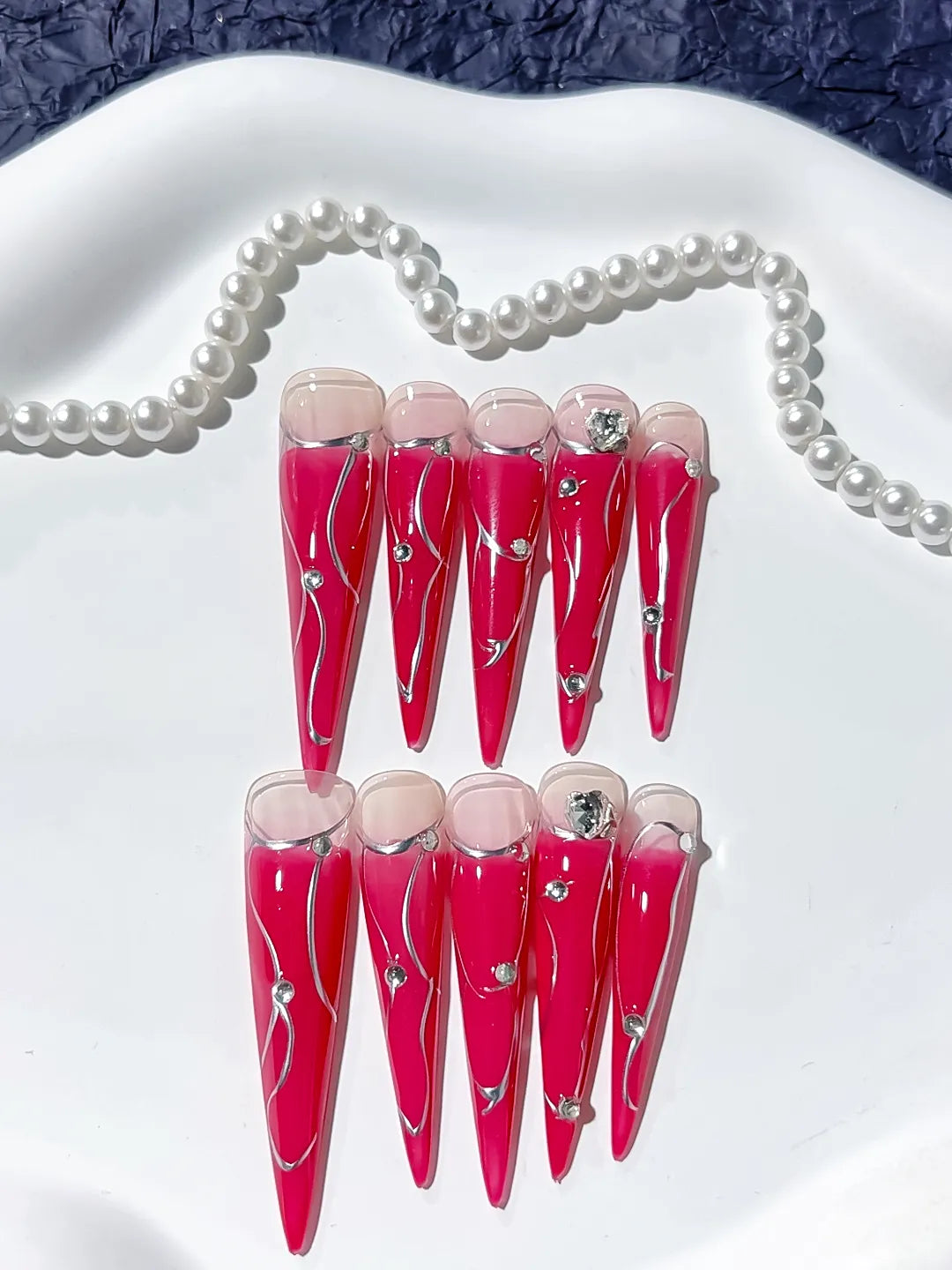 JSA14 - Long Pink Nude Stiletto Ombre Metal Line Rhinestone