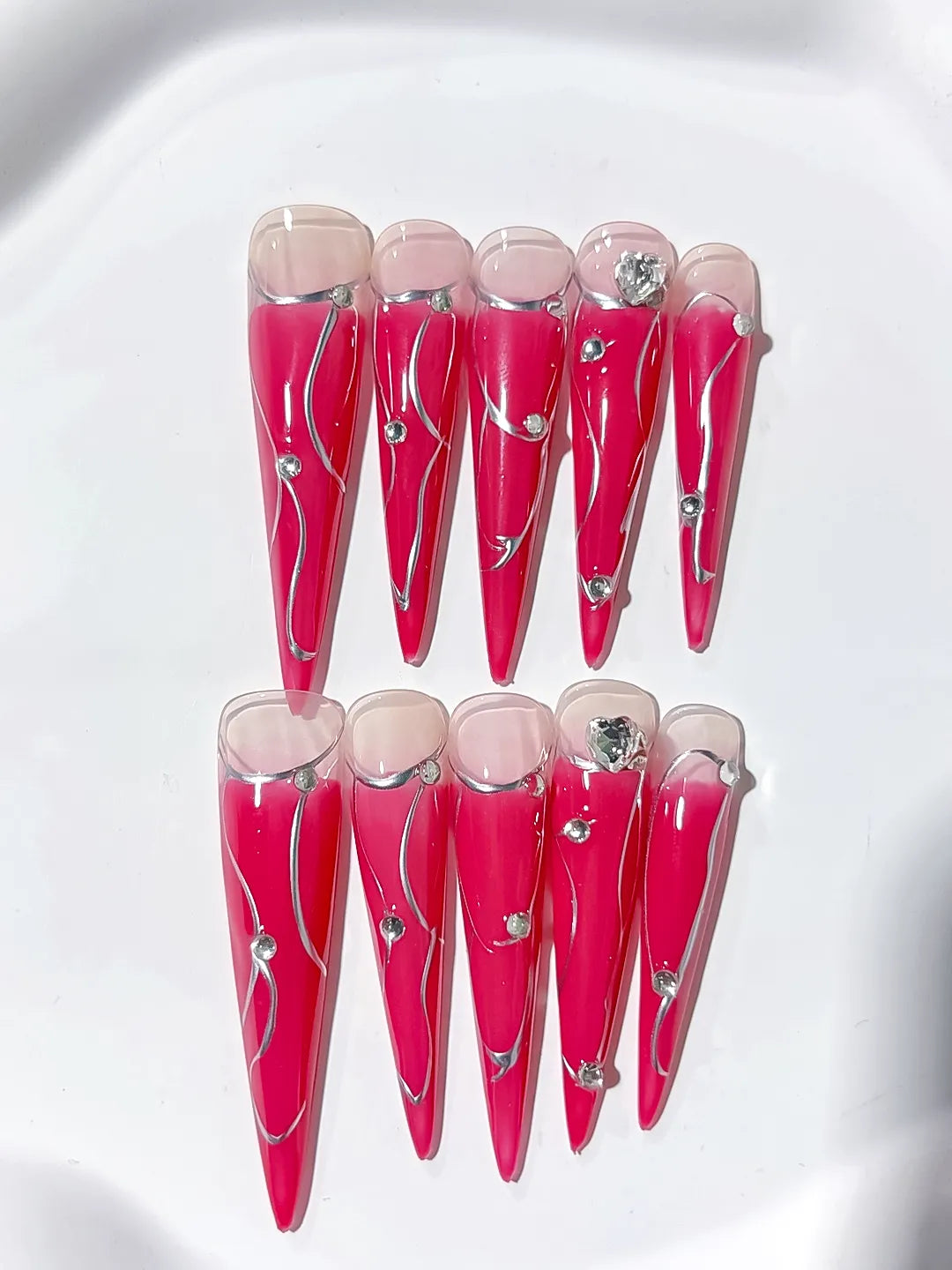 JSA14 - Long Pink Nude Stiletto Ombre Metal Line Rhinestone