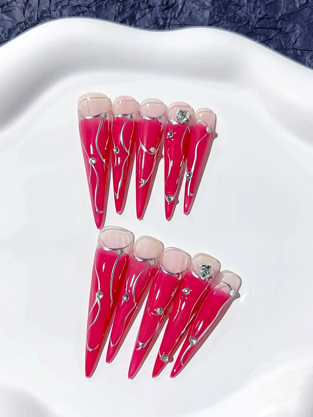 JSA14 - Long Pink Nude Stiletto Ombre Metal Line Rhinestone