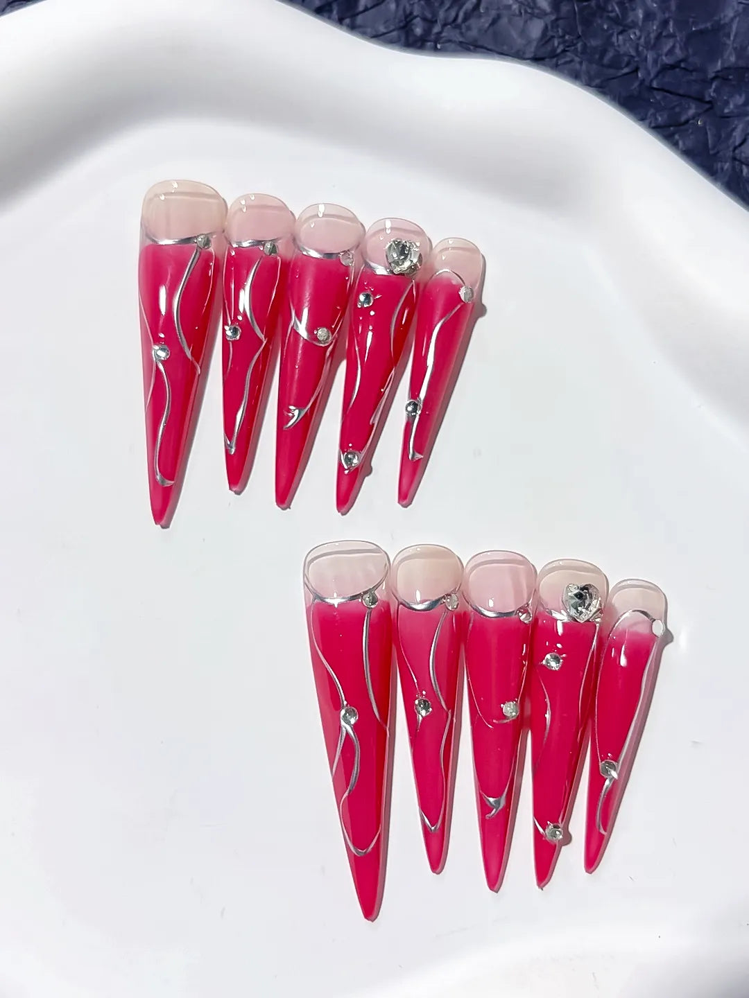 JSA14 - Long Pink Nude Stiletto Ombre Metal Line Rhinestone