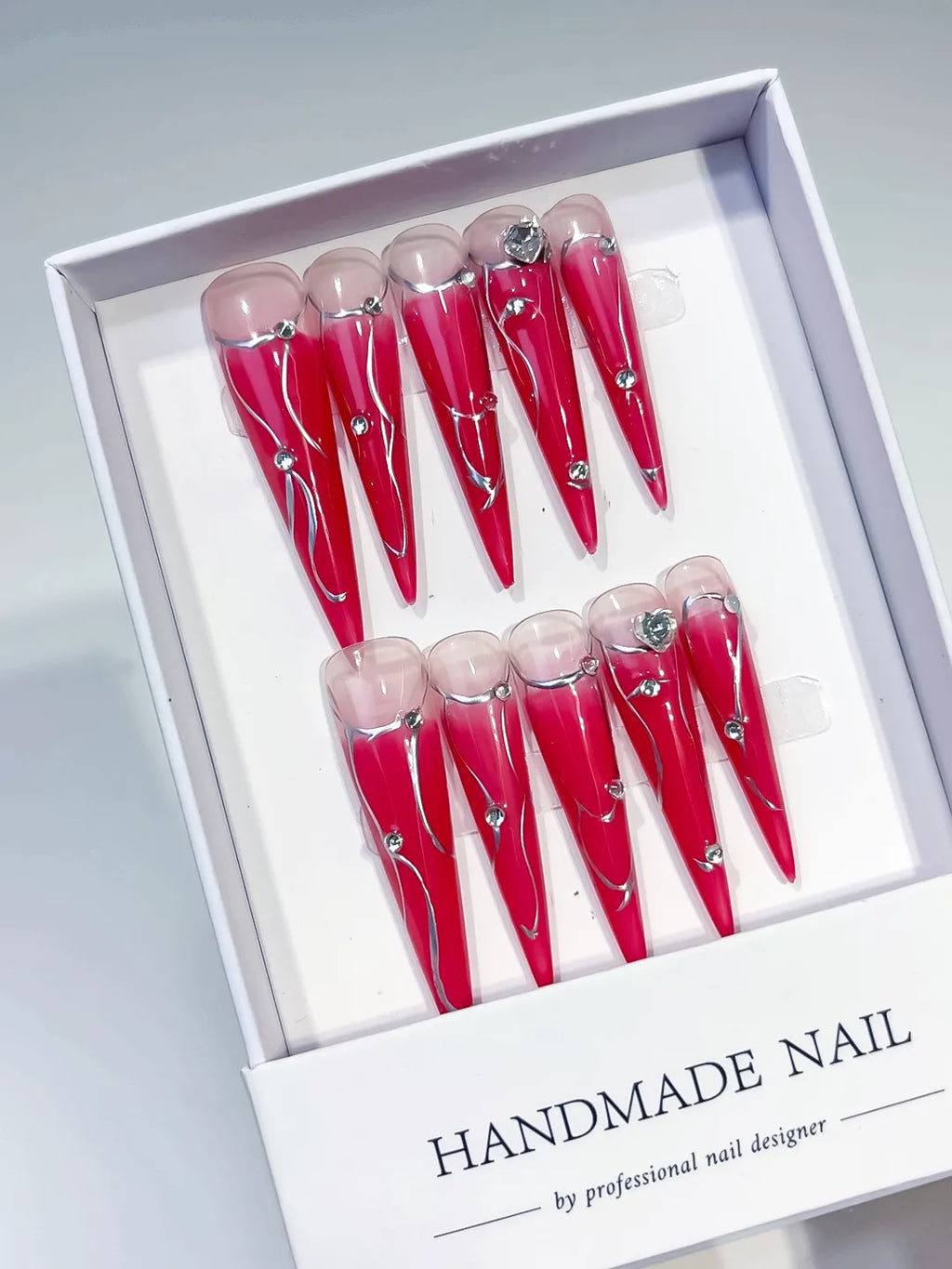 JSA14 - Long Pink Nude Stiletto Ombre Metal Line Rhinestone