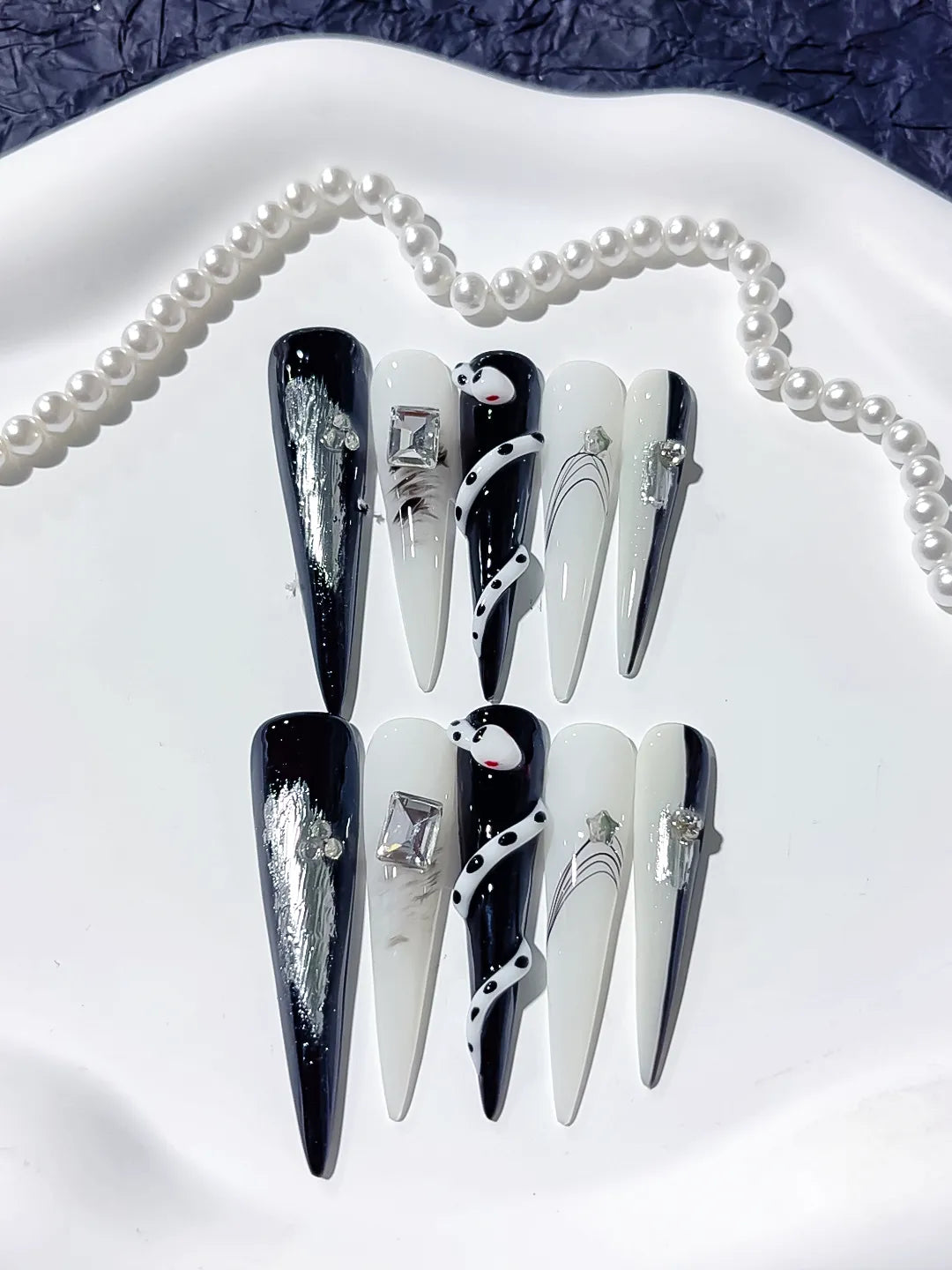 JSA15 - Long Black White Stiletto Abstract Rhinestone Metallic Accent