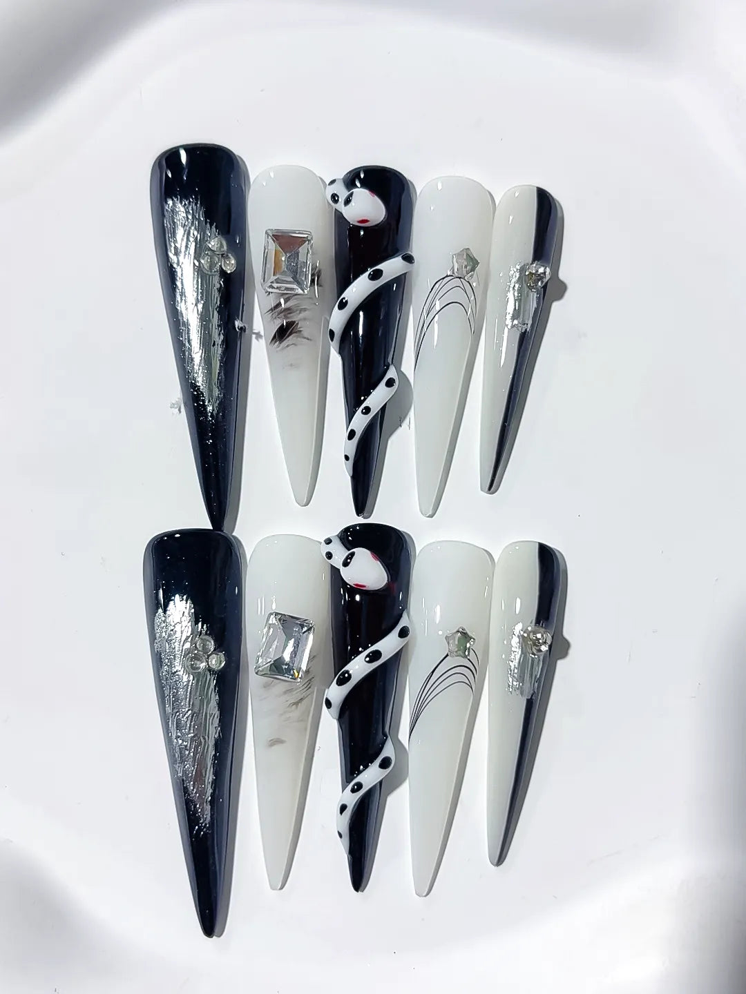 JSA15 - Long Black White Stiletto Abstract Rhinestone Metallic Accent