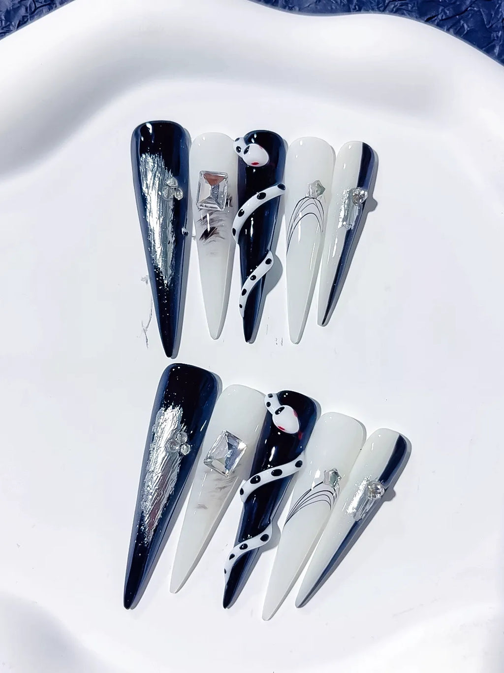 JSA15 - Long Black White Stiletto Abstract Rhinestone Metallic Accent