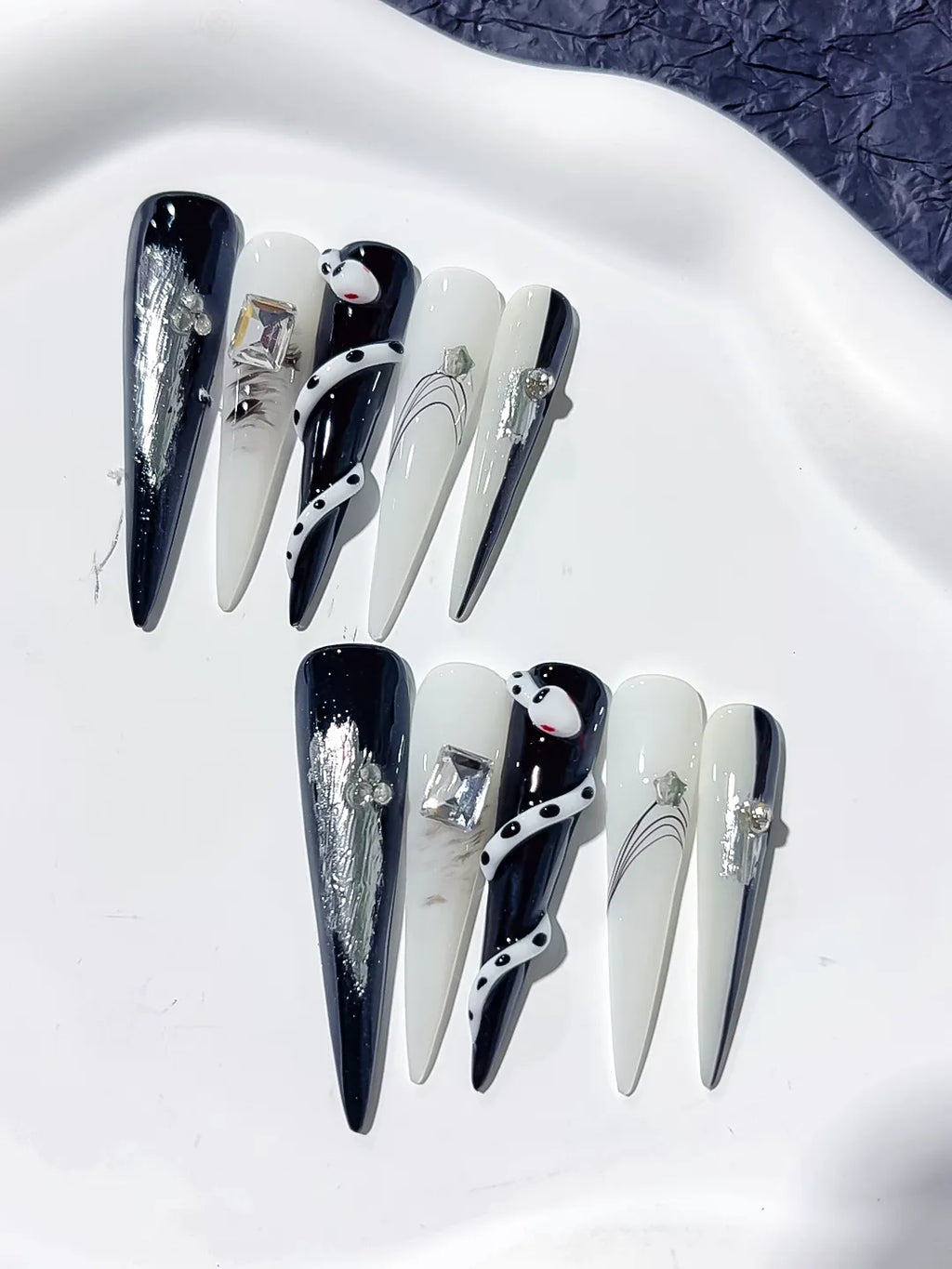 JSA15 - Long Black White Stiletto Abstract Rhinestone Metallic Accent