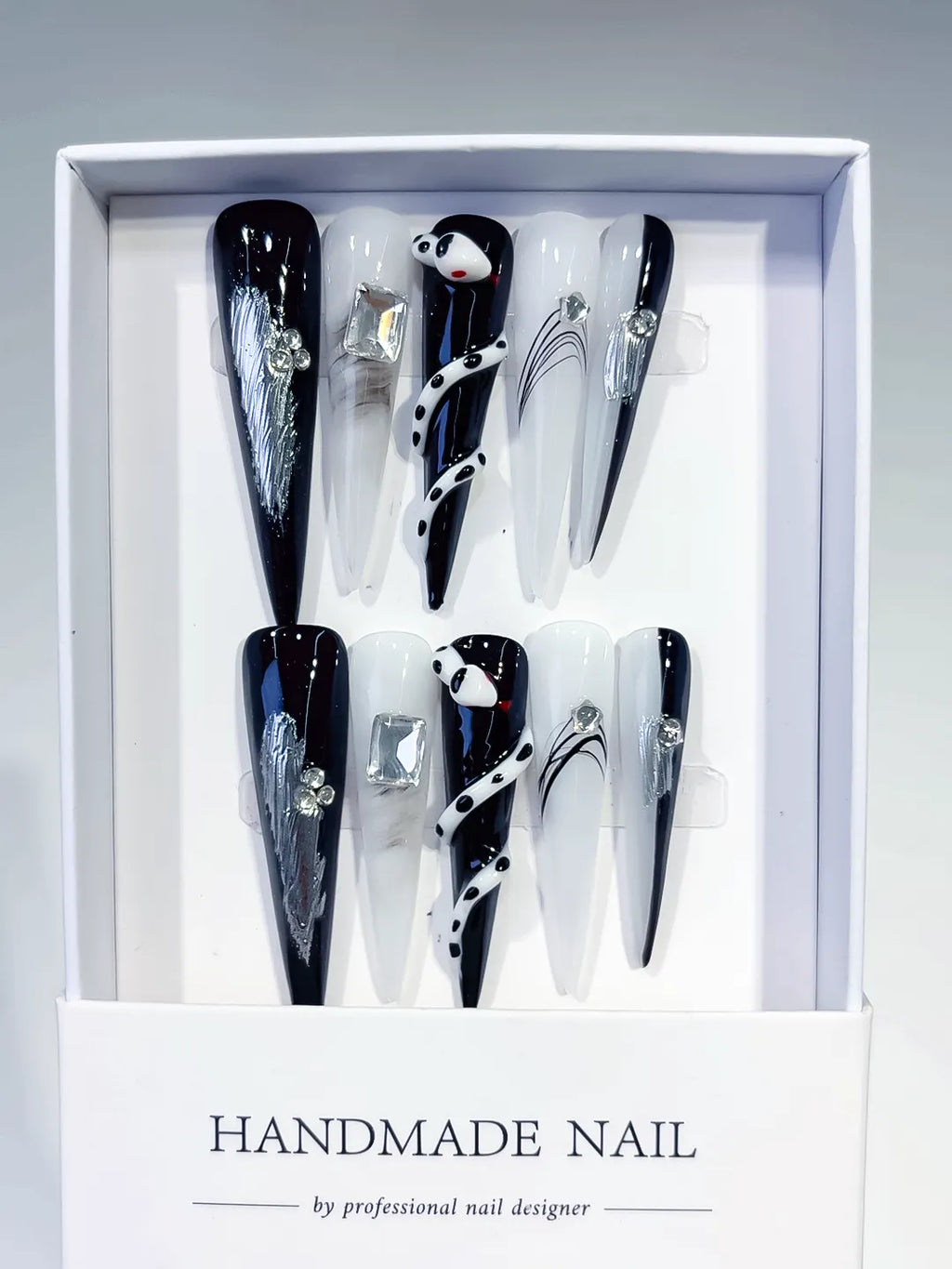 JSA15 - Long Black White Stiletto Abstract Rhinestone Metallic Accent