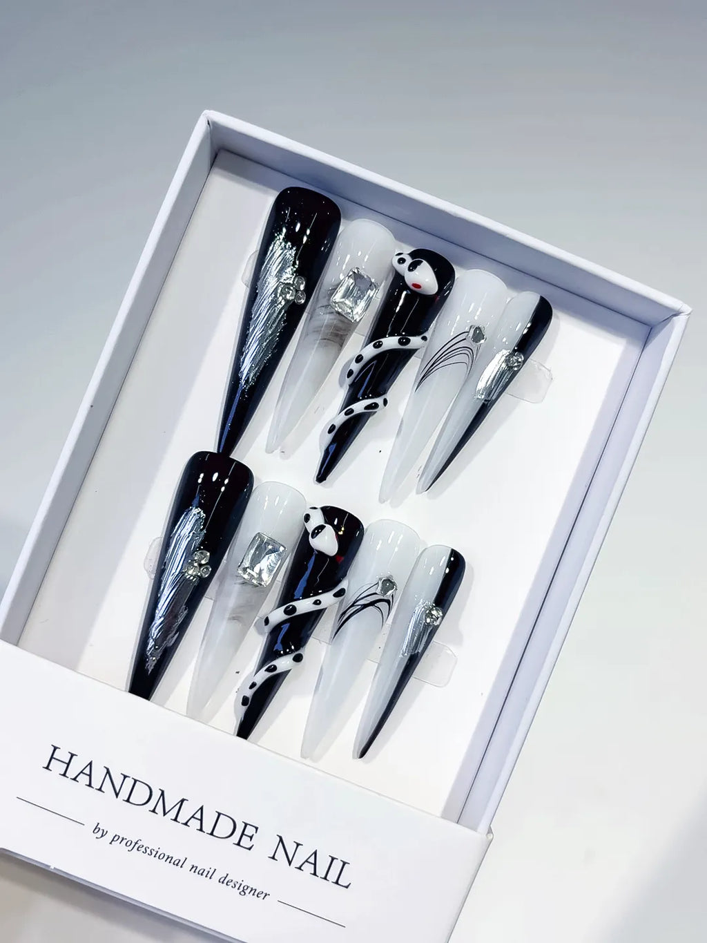 JSA15 - Long Black White Stiletto Abstract Rhinestone Metallic Accent
