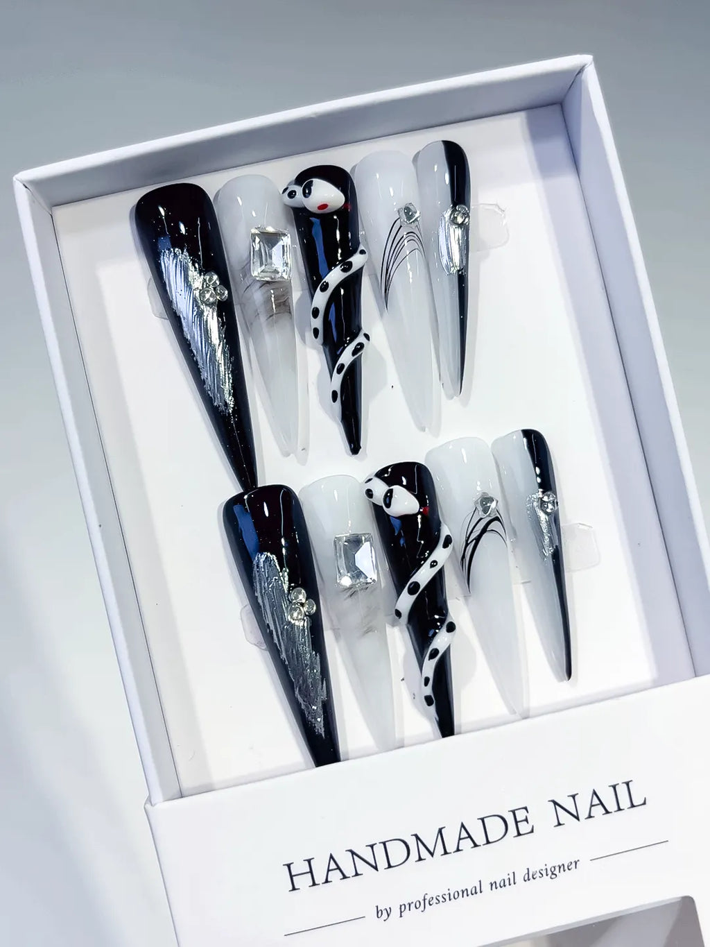 JSA15 - Long Black White Stiletto Abstract Rhinestone Metallic Accent
