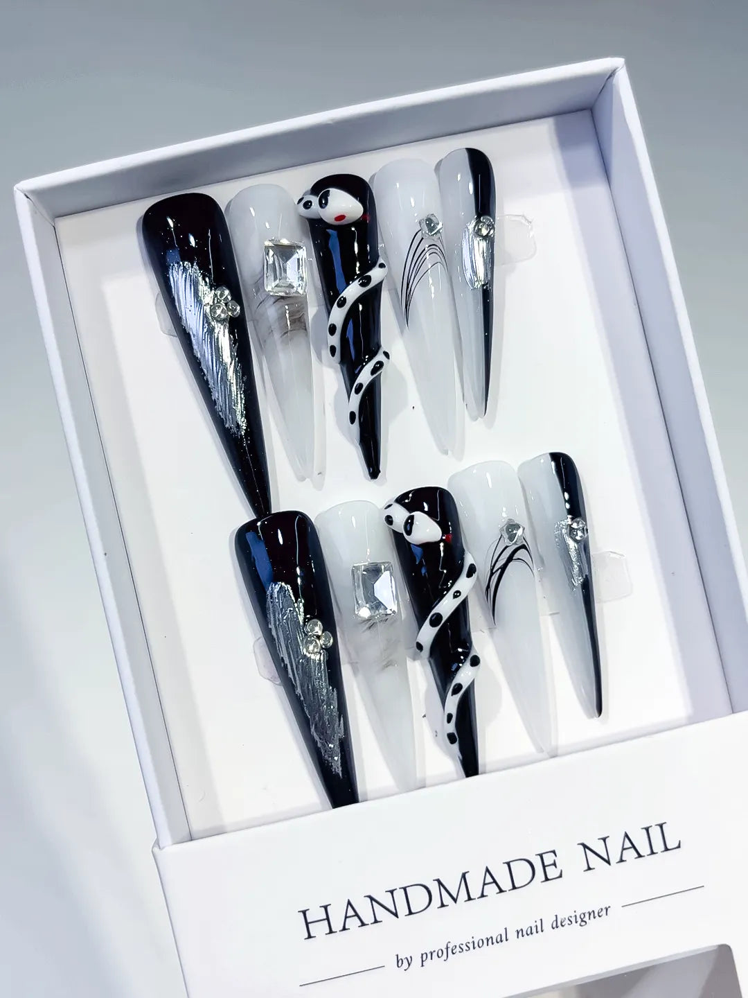 JSA15 - Long Black White Stiletto Abstract Rhinestone Metallic Accent