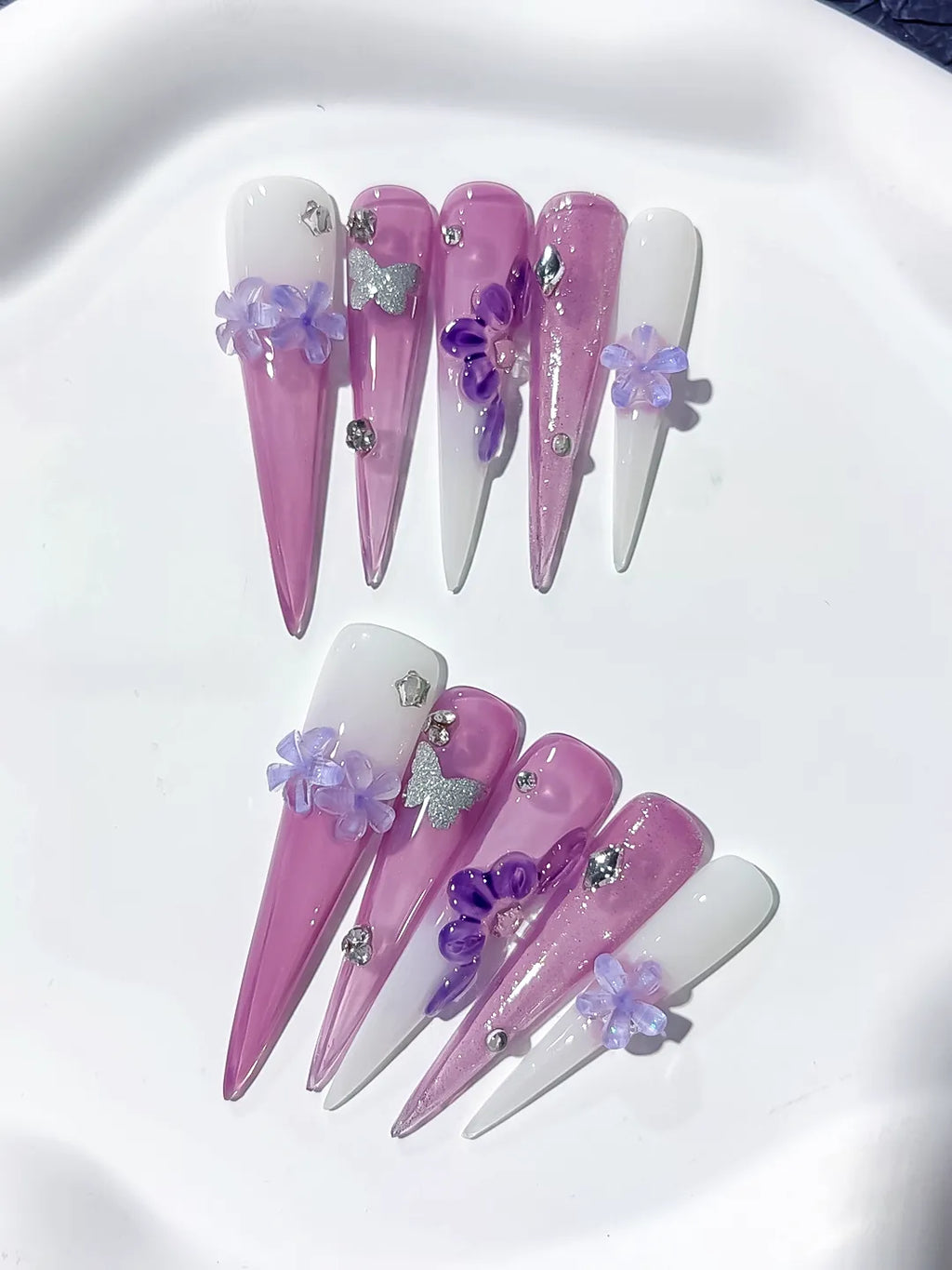 JSA16 - Long Purple Pink Stiletto Glitter Flower Butterfly