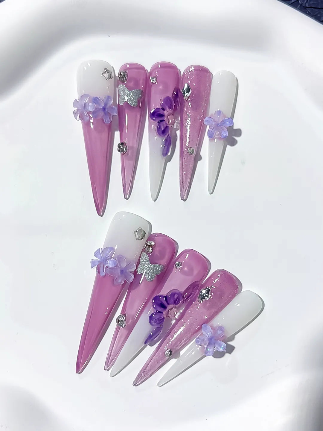 JSA16 - Long Purple Pink Stiletto Glitter Flower Butterfly