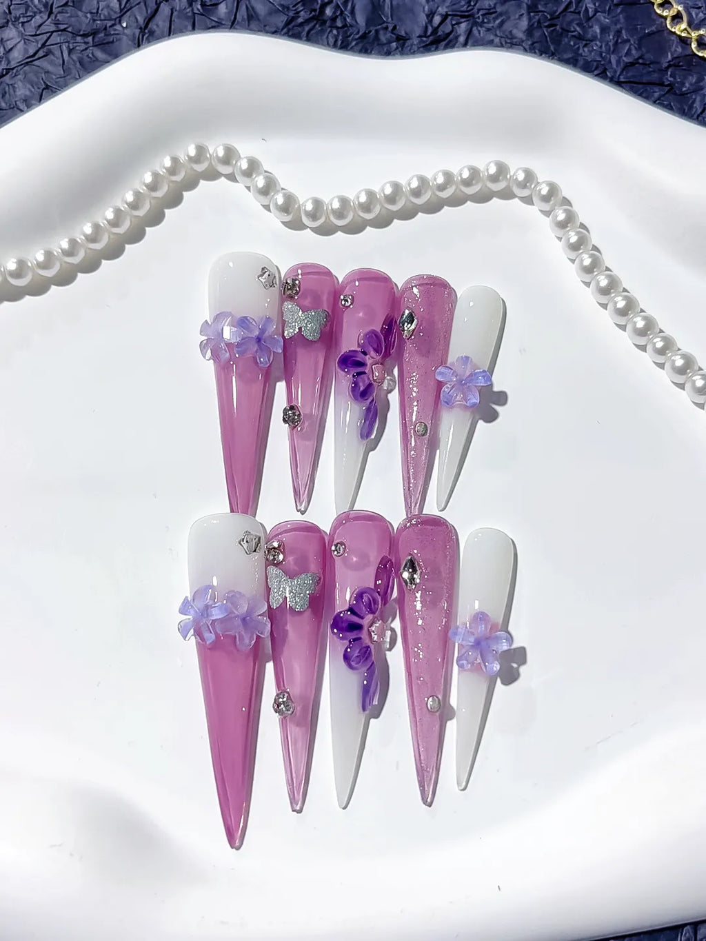 JSA16 - Long Purple Pink Stiletto Glitter Flower Butterfly