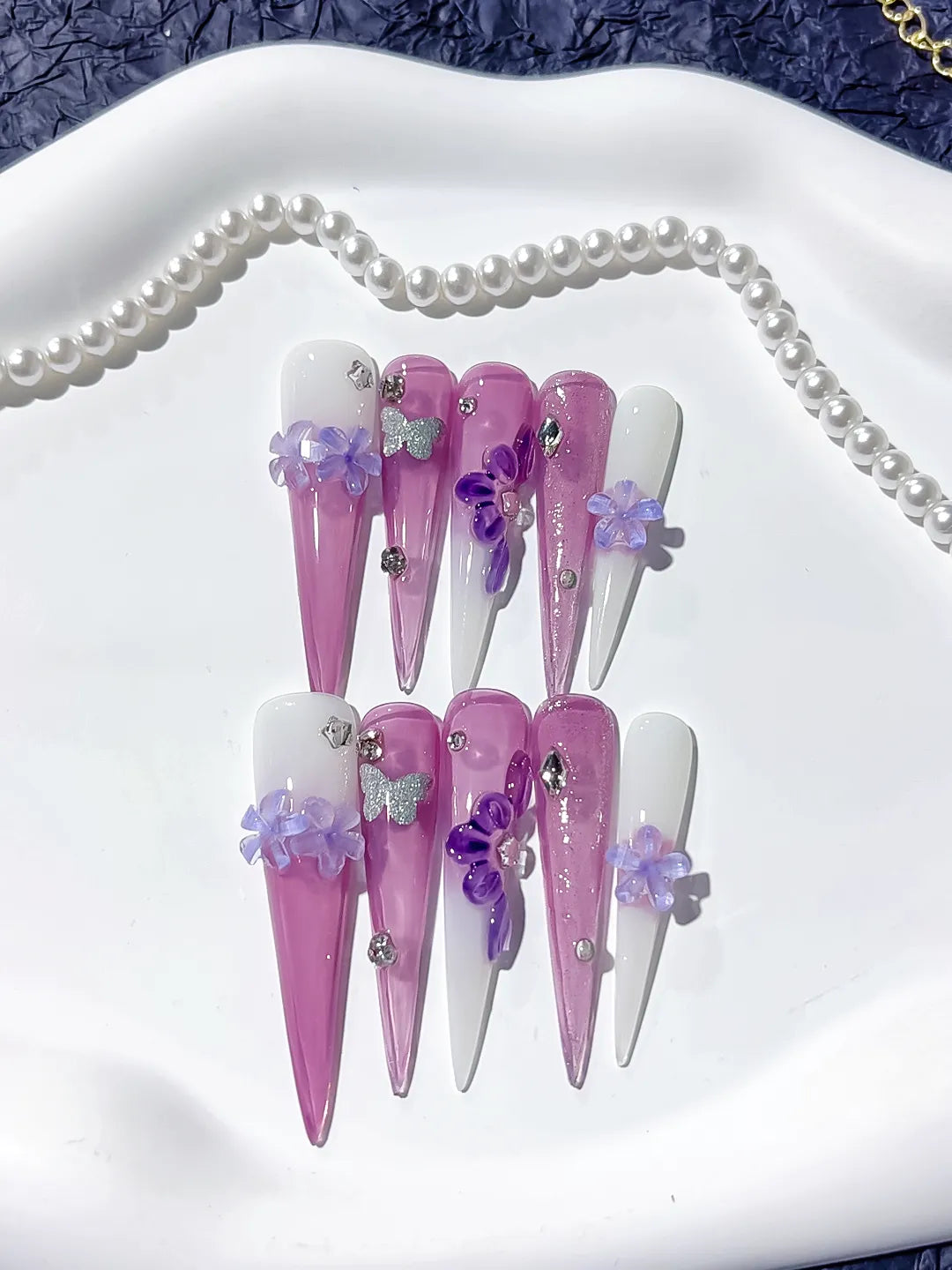 JSA16 - Long Purple Pink Stiletto Glitter Flower Butterfly