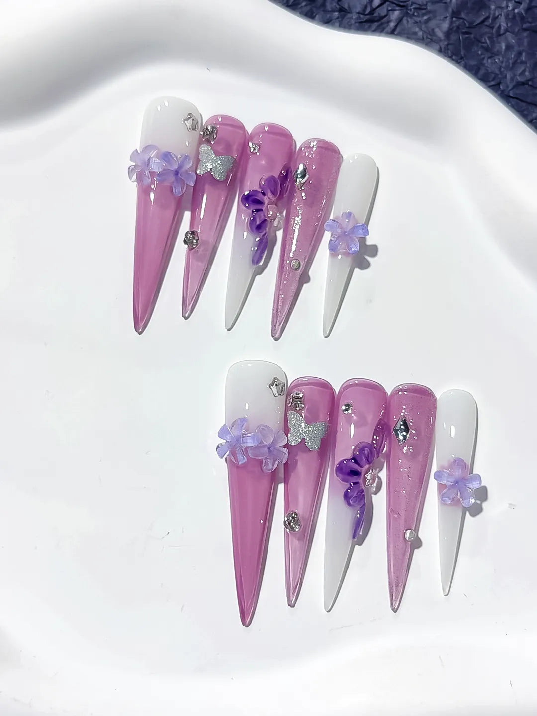 JSA16 - Long Purple Pink Stiletto Glitter Flower Butterfly
