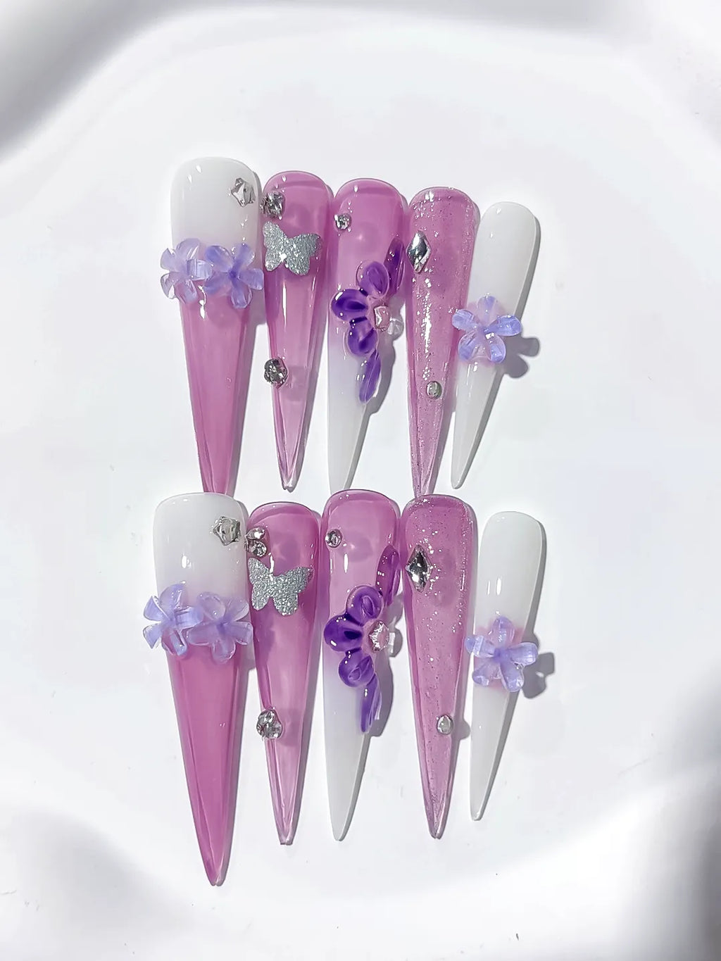 JSA16 - Long Purple Pink Stiletto Glitter Flower Butterfly