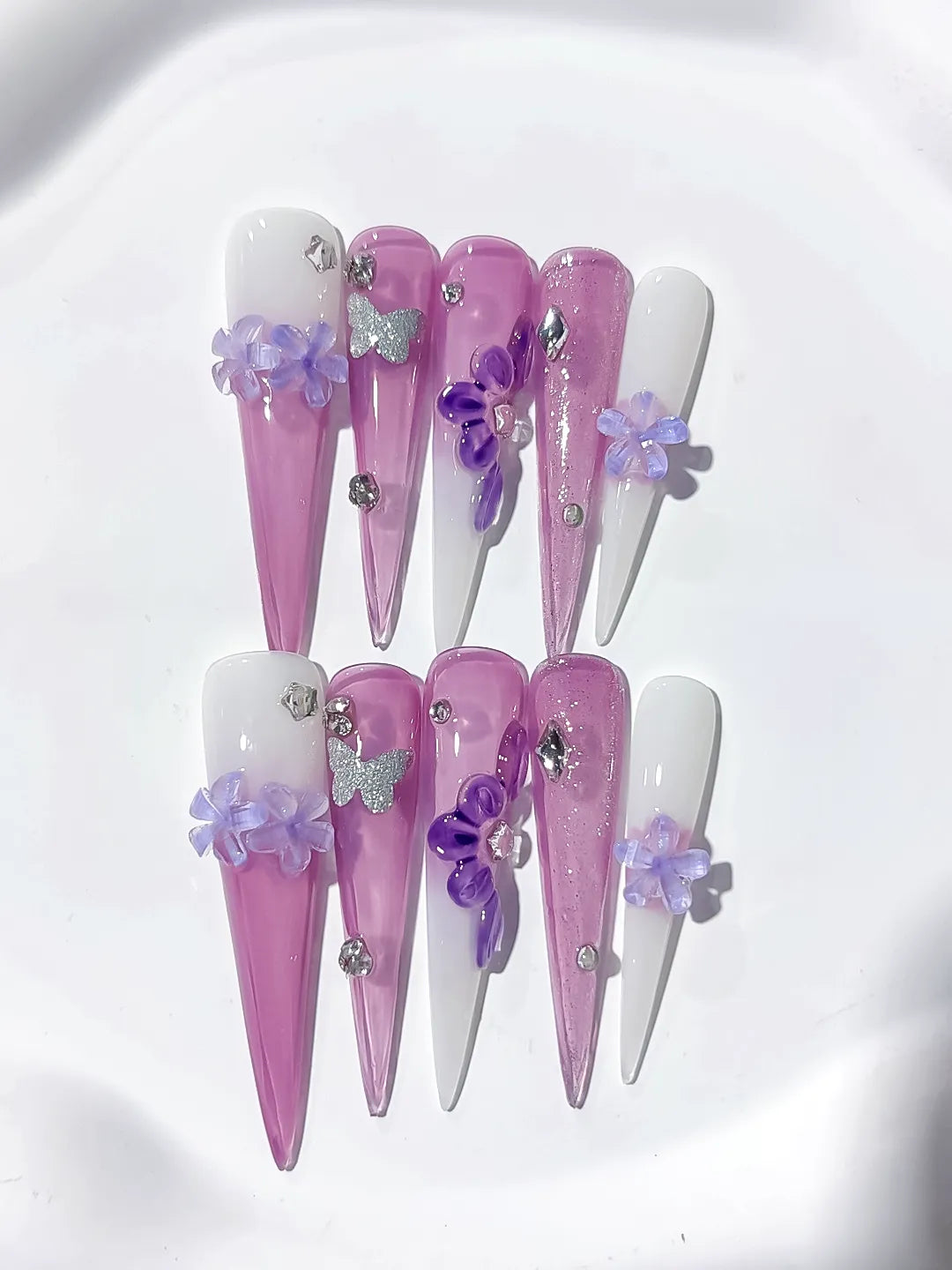JSA16 - Long Purple Pink Stiletto Glitter Flower Butterfly