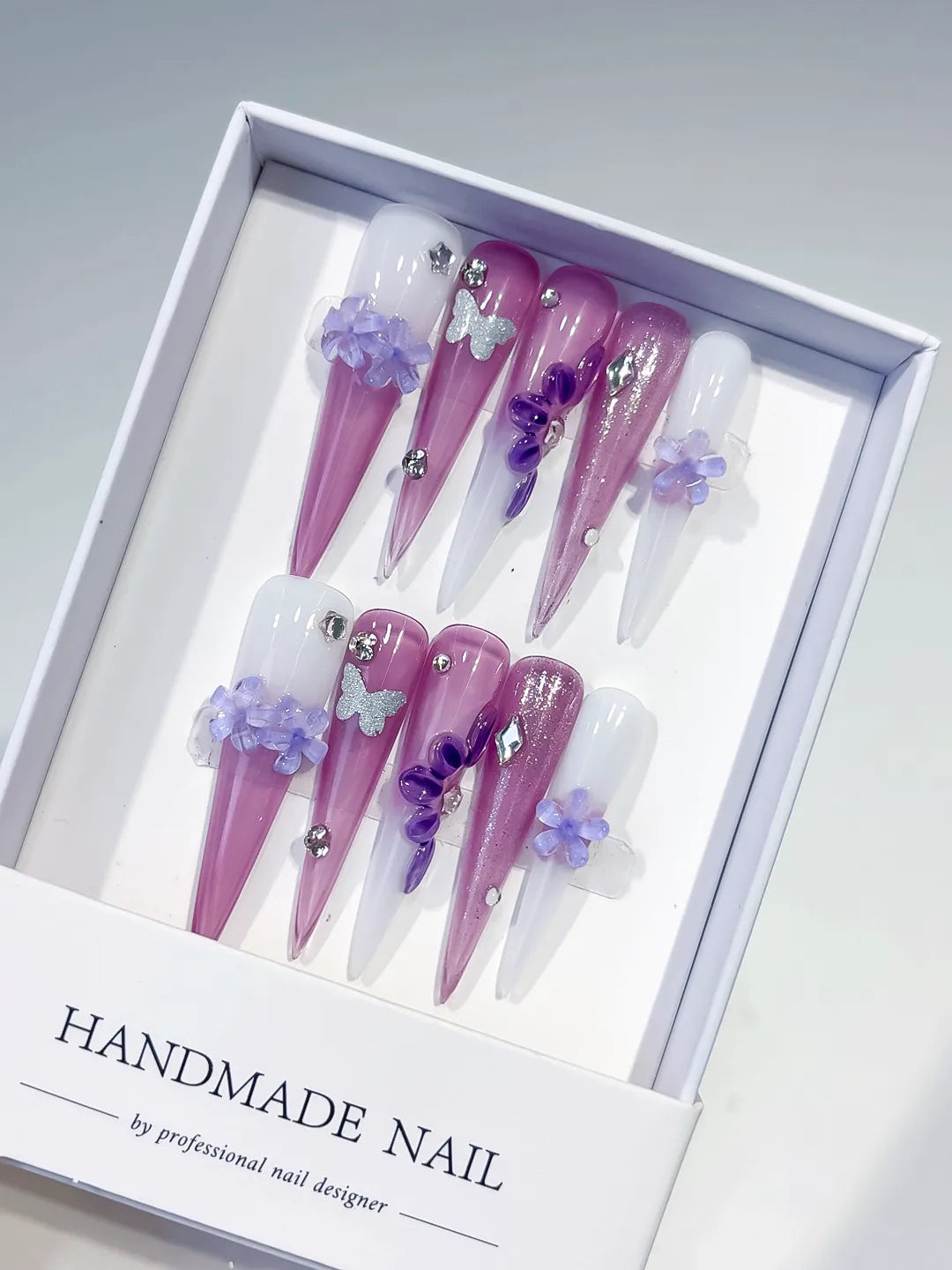 JSA16 - Long Purple Pink Stiletto Glitter Flower Butterfly