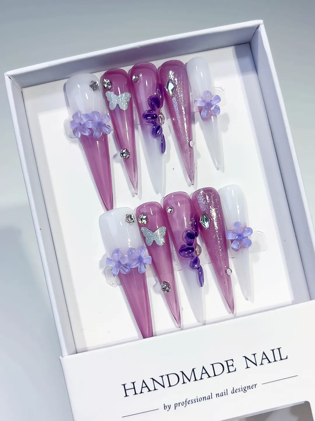JSA16 - Long Purple Pink Stiletto Glitter Flower Butterfly